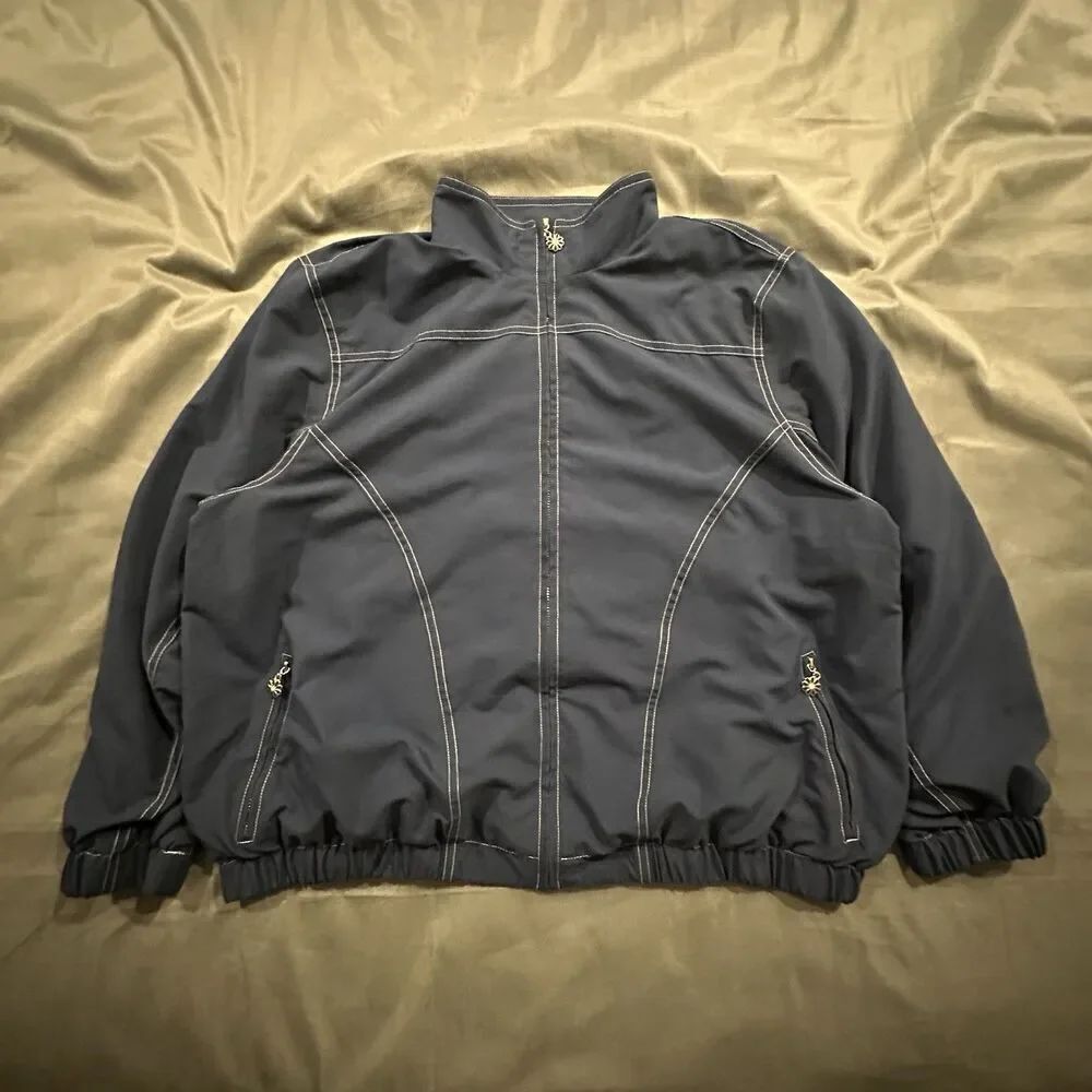 Vintage Alfred Dunner Jacket Womens L Petite Full Zip Flowers Windbreaker Navy